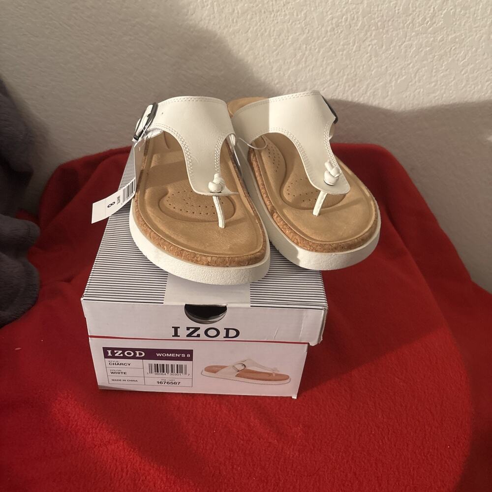 IZOD Women's Charcy Memory Foam Adjustable Strap Sandal White Brown NWT size 8